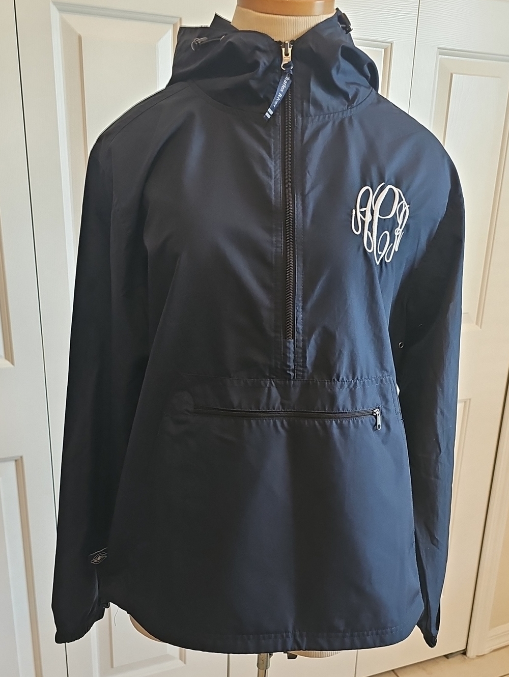Charles River Navy Blue Hooded Windbreaker with Monogram Embroidery. Sz Small